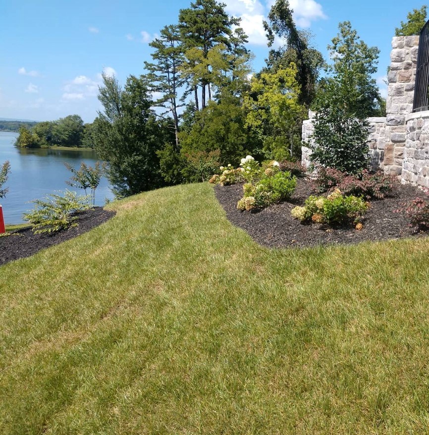 Landscaped waterfront property with lawn and planted beds